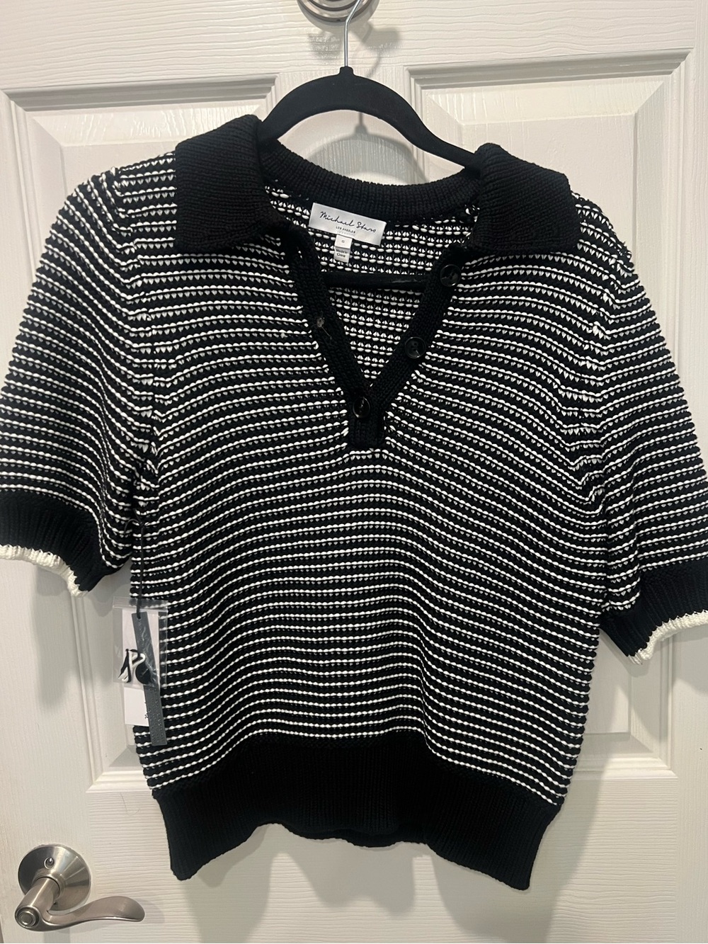 Michael Stars Black & White Striped V-Neck Short-Sleeve Sweater